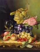 L. Jensen (Contemporary), oil on board, Still life of fruit and flowers, signed, 24 x 19cm, ornate