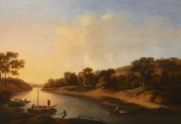 19th century, oil on board, River landscape with figures and boats, 33 x 23cm***CONDITION REPORT***