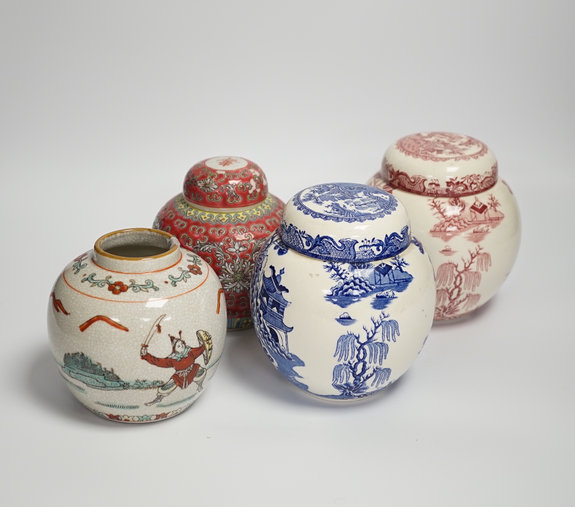 Two Chinese jars, and two Masons ironstone jars, three with covers, tallest 13cm high***CONDITION