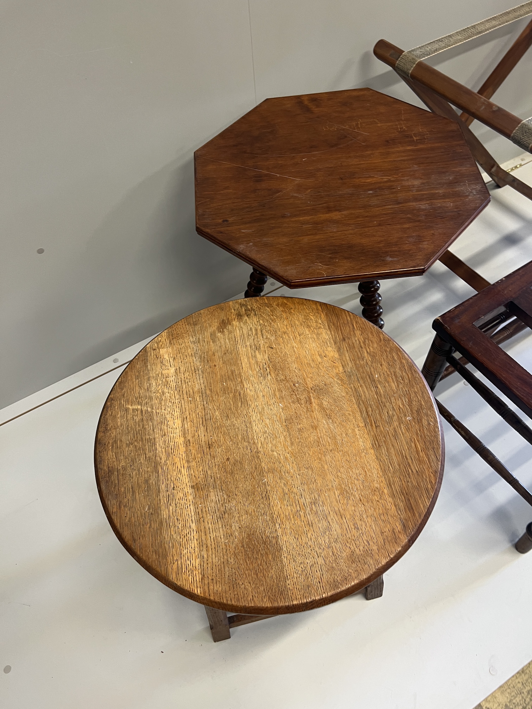 A late Victorian mahogany luggage rack, an octagonal occasional table, a circular oak table, - Image 4 of 6