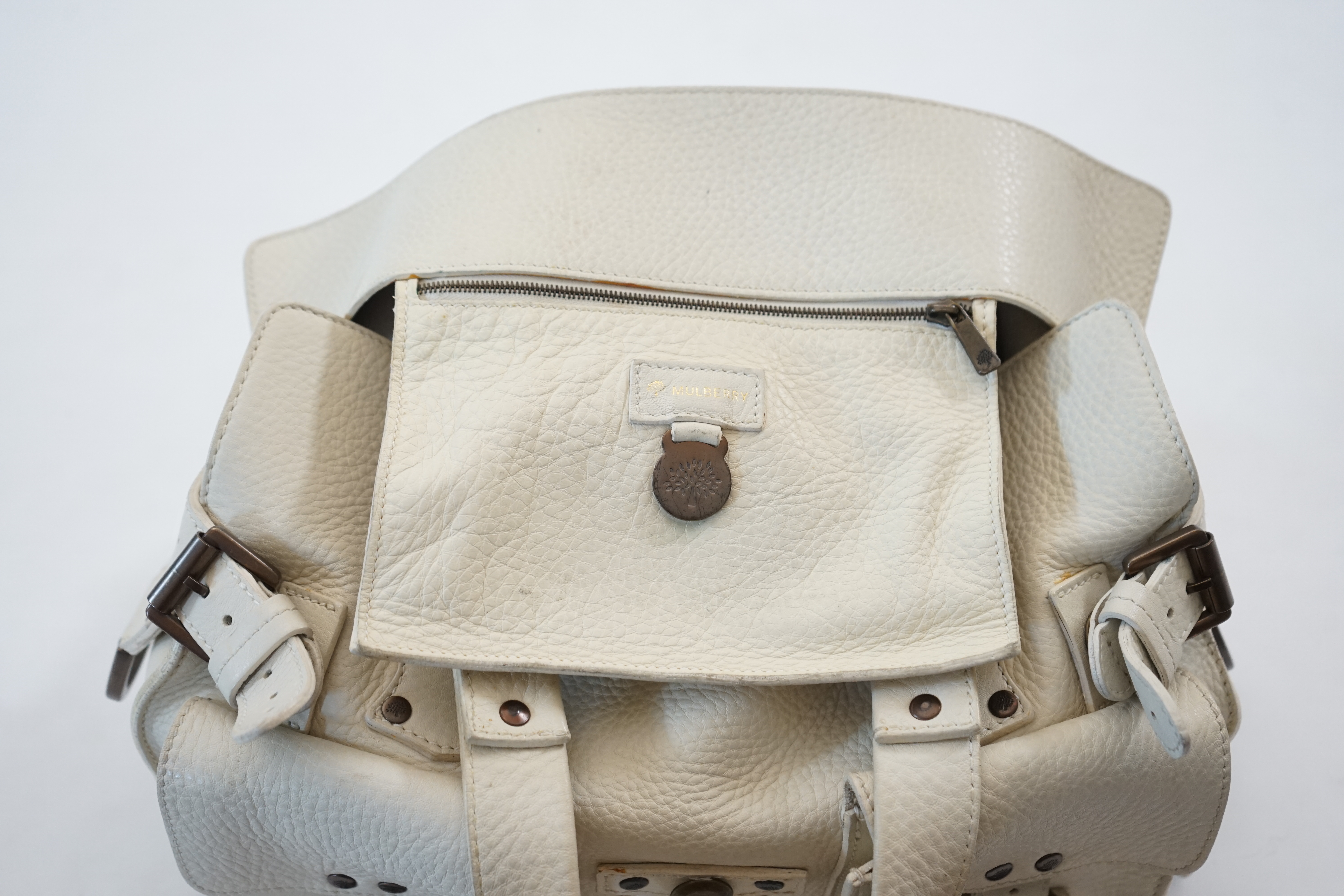 A Mulberry Roxanne cream leather handbag with bronzed metalware and dust bag, width 34cm, depth - Image 6 of 8