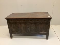 A 17th / 18th century West Country panelled oak coffer, width 122cm, depth 55cm, height 71cm***