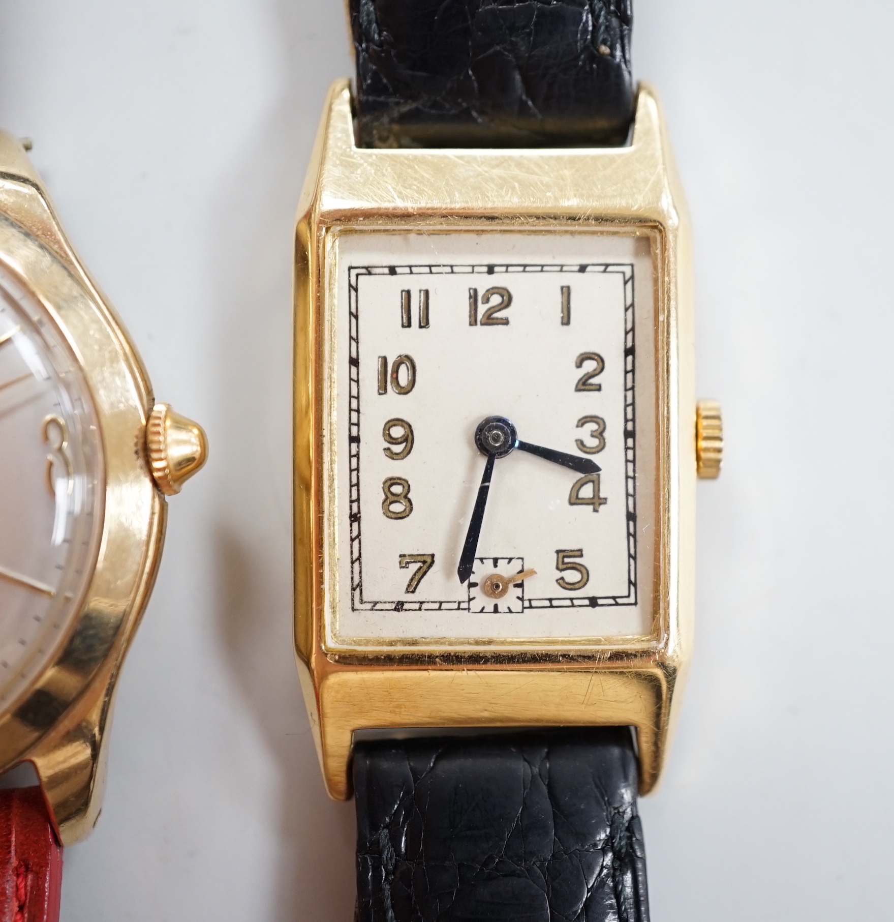 A gentleman's French yellow metal (18ct poincon mark) rectangular manual wind wrist watch, on a - Image 2 of 5