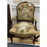 A French carved walnut tapestry fauteuil, width 64cm, depth 64cm, height 96cm***CONDITION REPORT***