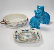 A Chinese Famille rose dish, a Japanese plate and a pair of Chinese cats in turquoise, cats 16cm***