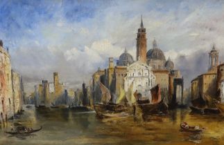 19th century English School, oil on canvas, View of Venice with gondolas, 58 x 39cm***CONDITION