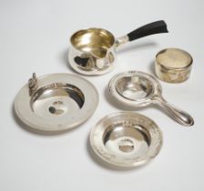 Two small modern silver dishes, a silver tea strainer and two Scandinavian items.***CONDITION