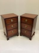 A pair of George III style mahogany three drawer bedside chests, width 47cm, depth 40cm, height