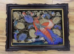 A framed Korean glass painted panel of birds of paradise, 62cm x 47cm***CONDITION REPORT***PLEASE