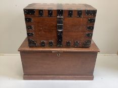 A Victorian iron bound oak silver chest, width 75cm, depth 47cm, height 46cm together with a