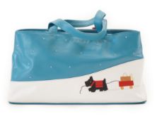 A Radley blue and white 'Explorer' leather grab handle bag 2004, with Scottie dog pulling a cart