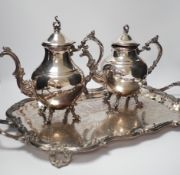 A silver plated two handled tray, a coffee and a teapot, tray 64cm wide***CONDITION REPORT***