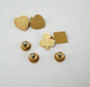A pair of early 1970's 18ct gold novelty playing card suite cufflinks, 16 grams, together with three