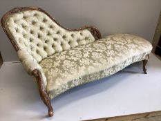 A Victorian walnut chaise longue with deep buttoned back, width 170cm, depth 75cm, height 87cm***