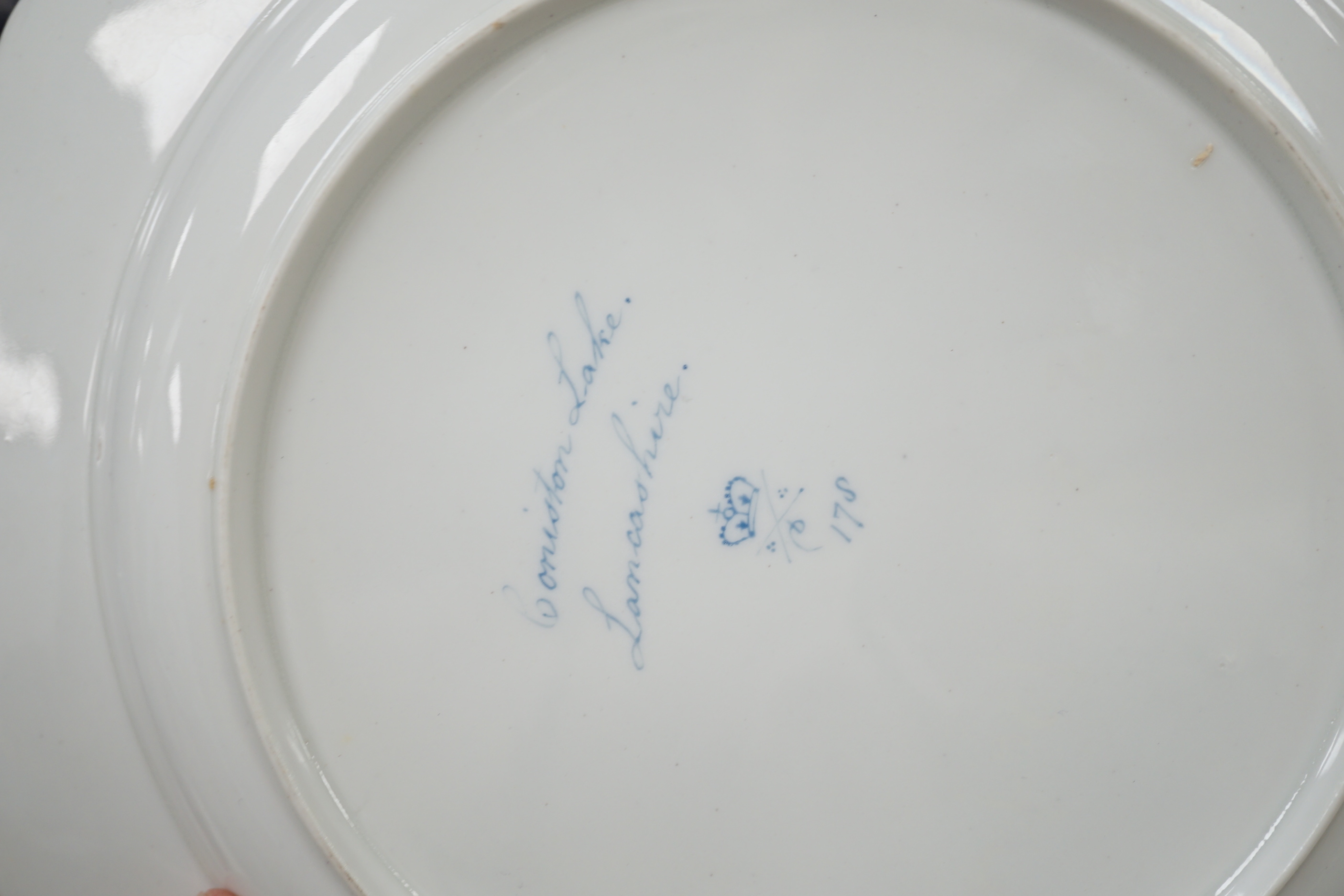 Eight porcelain items; a late 18th century Derby plate with painted scene of Coniston Lake, - Image 6 of 7