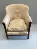 An Edwardian inlaid mahogany upholstered tub framed armchair, width 66cm, depth 67cm, height