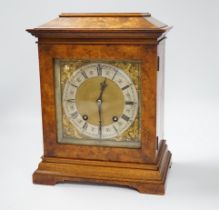 A German Lenzkirch burr walnut mantel clock striking on a coiled gong, 32cm high***CONDITION