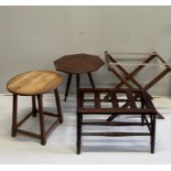 A late Victorian mahogany luggage rack, an octagonal occasional table, a circular oak table,