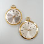 A 750 yellow metal Omega open faced keyless dress pocket watch, case diameter 42mm, gross weight