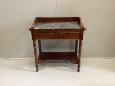 A 19th century French mahogany marble top washstand, width 82cm, depth 38cm, height 84cm***CONDITION