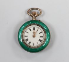 An early 20th century continental gilt white metal? and green enamel set fob watch, with Roman