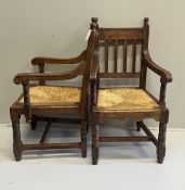 A pair of Victorian Arts & Crafts oak rush seat elbow chairs, width 58cm, depth 54cm, height