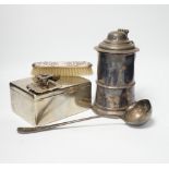 Sundry items including a plated tankard, ladle chamberstick, a silver handled carving fork, shoe