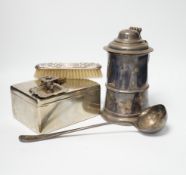 Sundry items including a plated tankard, ladle chamberstick, a silver handled carving fork, shoe