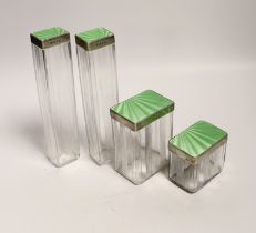 Four George VI silver and green guilloche enamel lidded glass toilet jars, Alexander Clark Co.