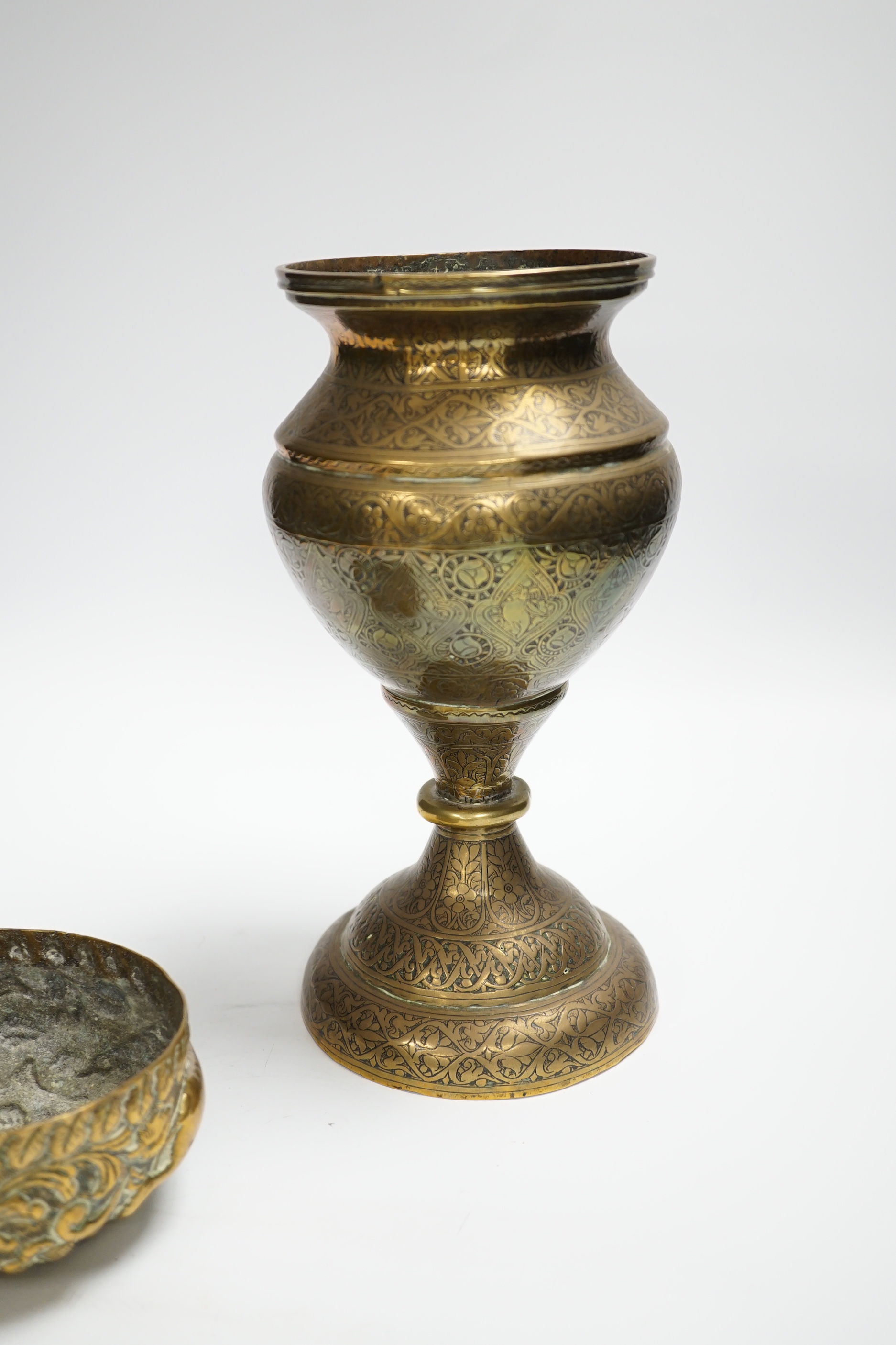 A Persian Qajar engraved brass vase and an Indian repousse brass bowl, largest 25cm high***CONDITION - Image 4 of 5