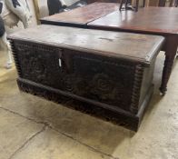 A large 17th century and later continental oak coffer (adapted), width 156cm, depth 58cm, height