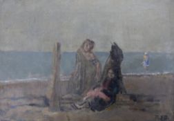 Rodney Joseph Burn (1899-1984), oil on canvas, Figures on Brighton Beach 1922, initialled, 25 x