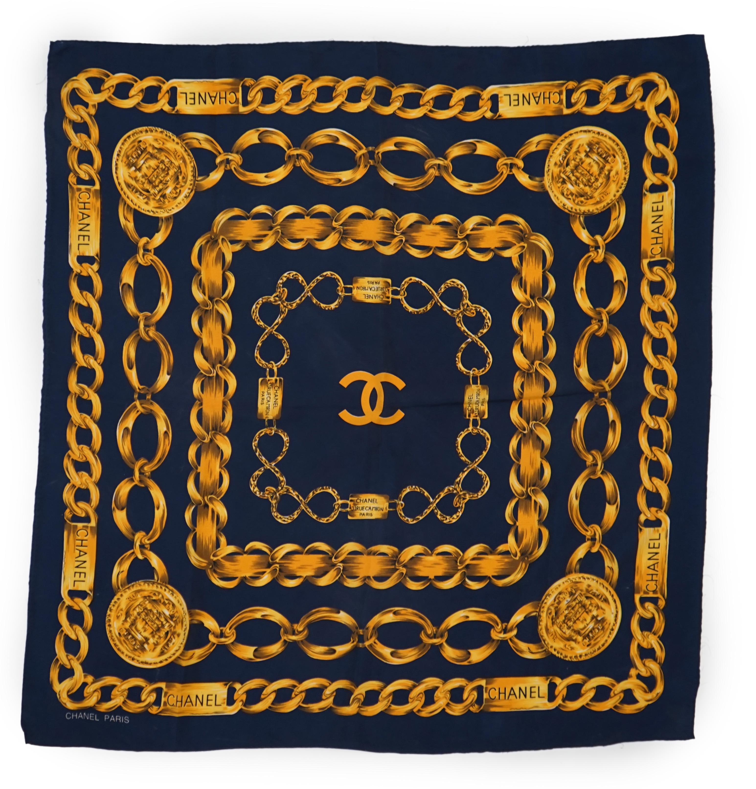 A Chanel Blue Chain large silk scarf, 80cm x 80cm***CONDITION REPORT***Very good condition.PLEASE