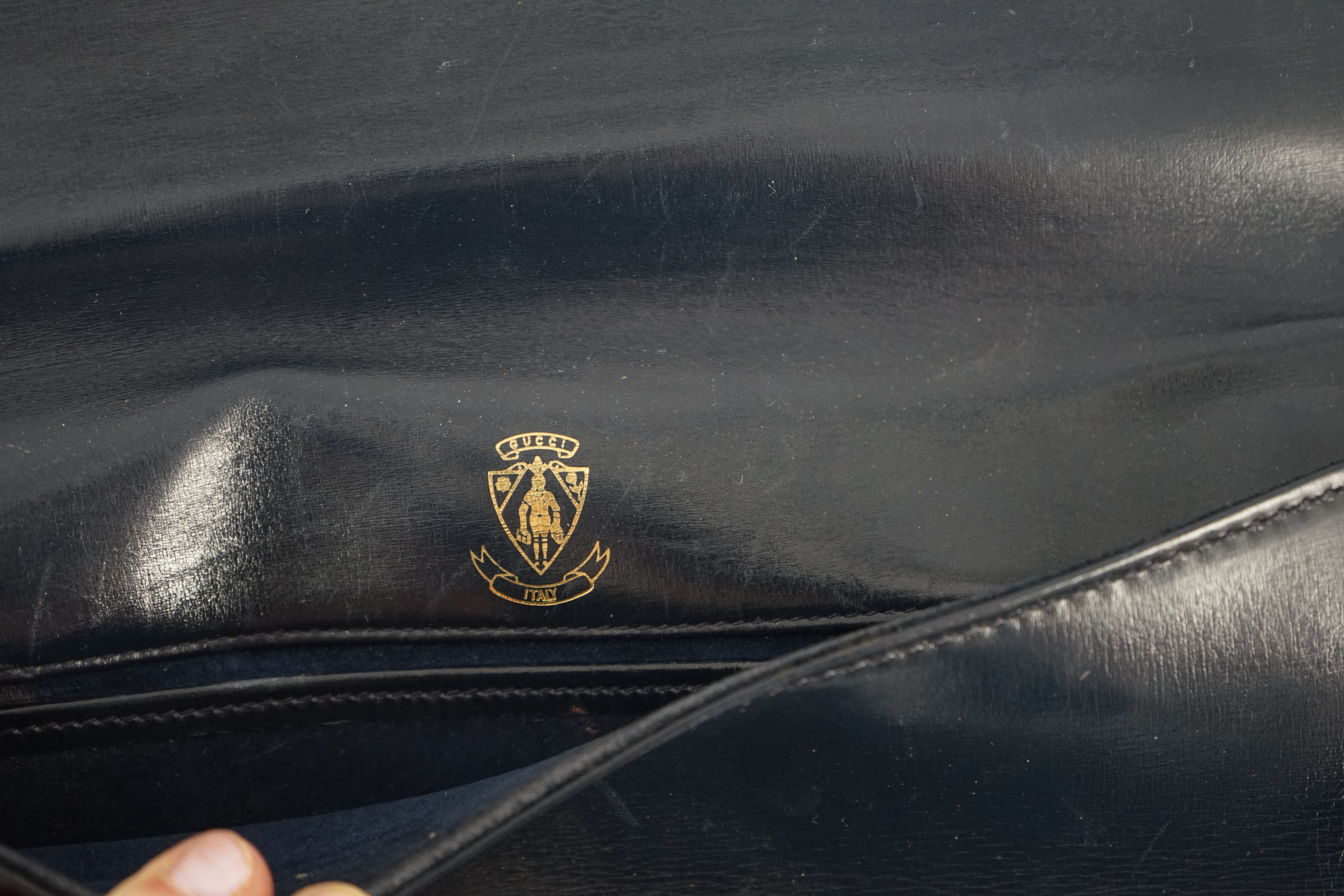 A vintage Gucci Blondie Unicorn navy leather clutch bag, Gold Gucci front logo, weighted closure, - Image 4 of 4