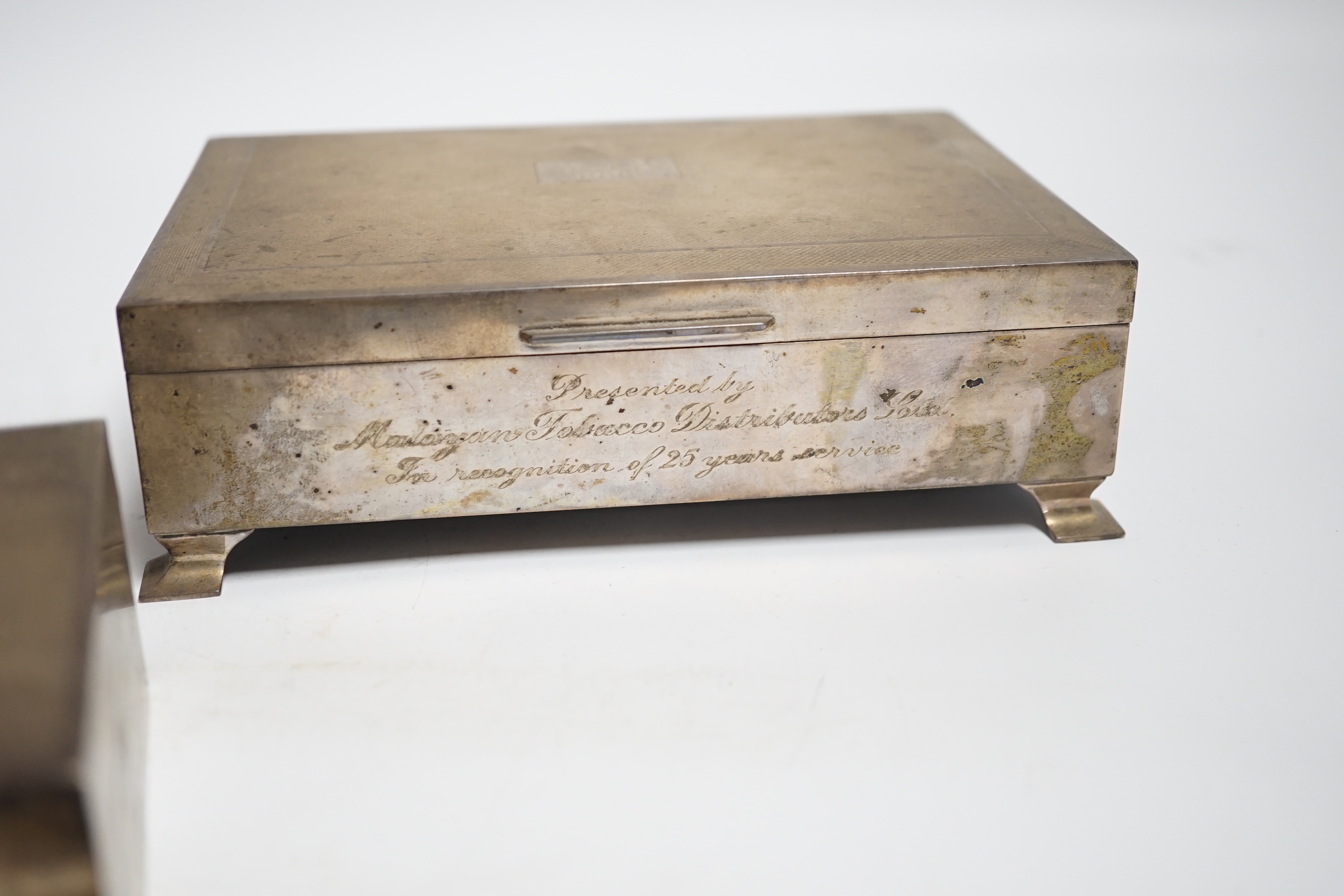 Two engine turned silver mounted cigarette boxes, the largest by Garrard & Co, London, 1955, 16. - Image 7 of 7