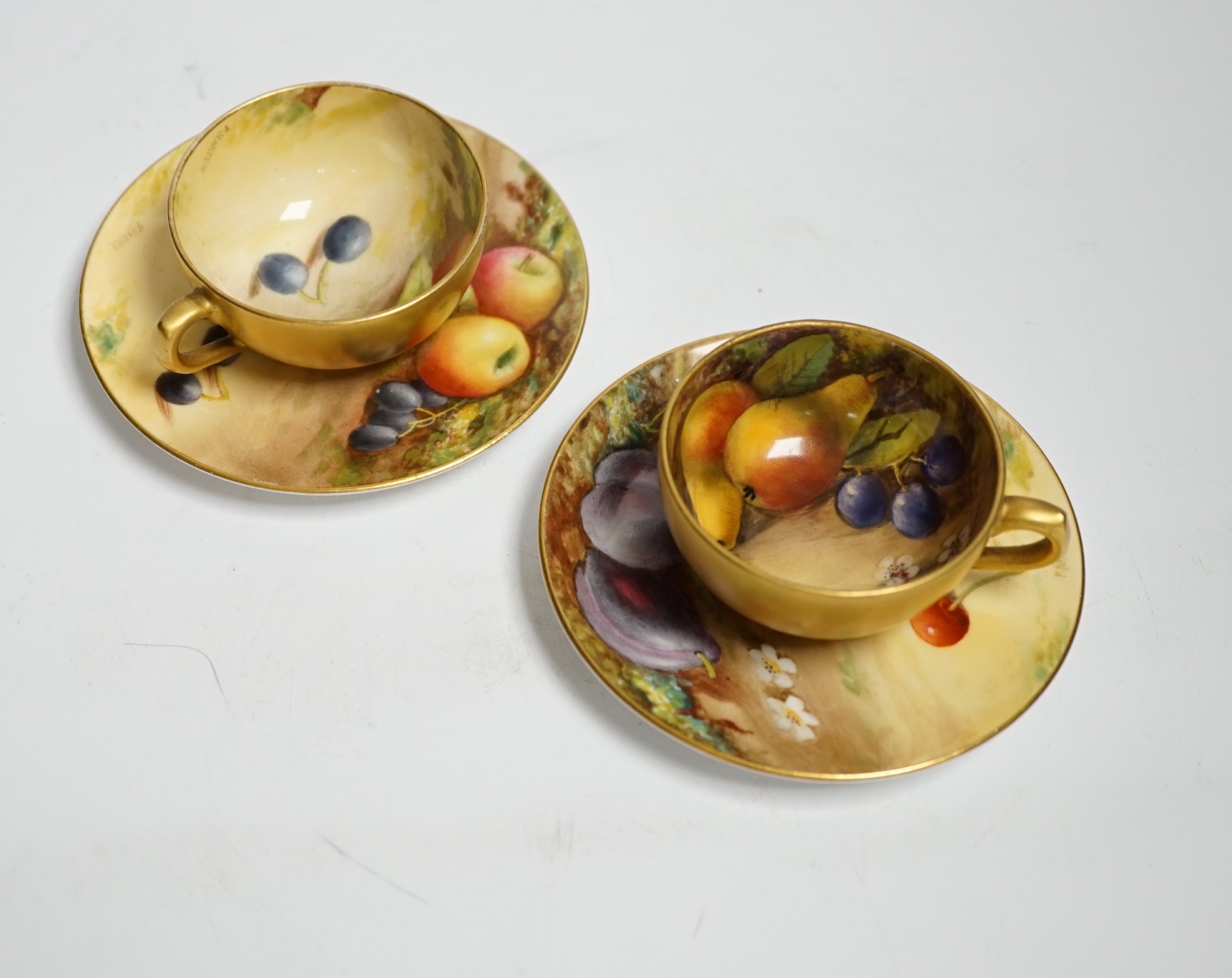 A pair of Royal Worcester fruit painted miniature cabinet cups and saucers, signed F. Harper and W. - Image 2 of 5