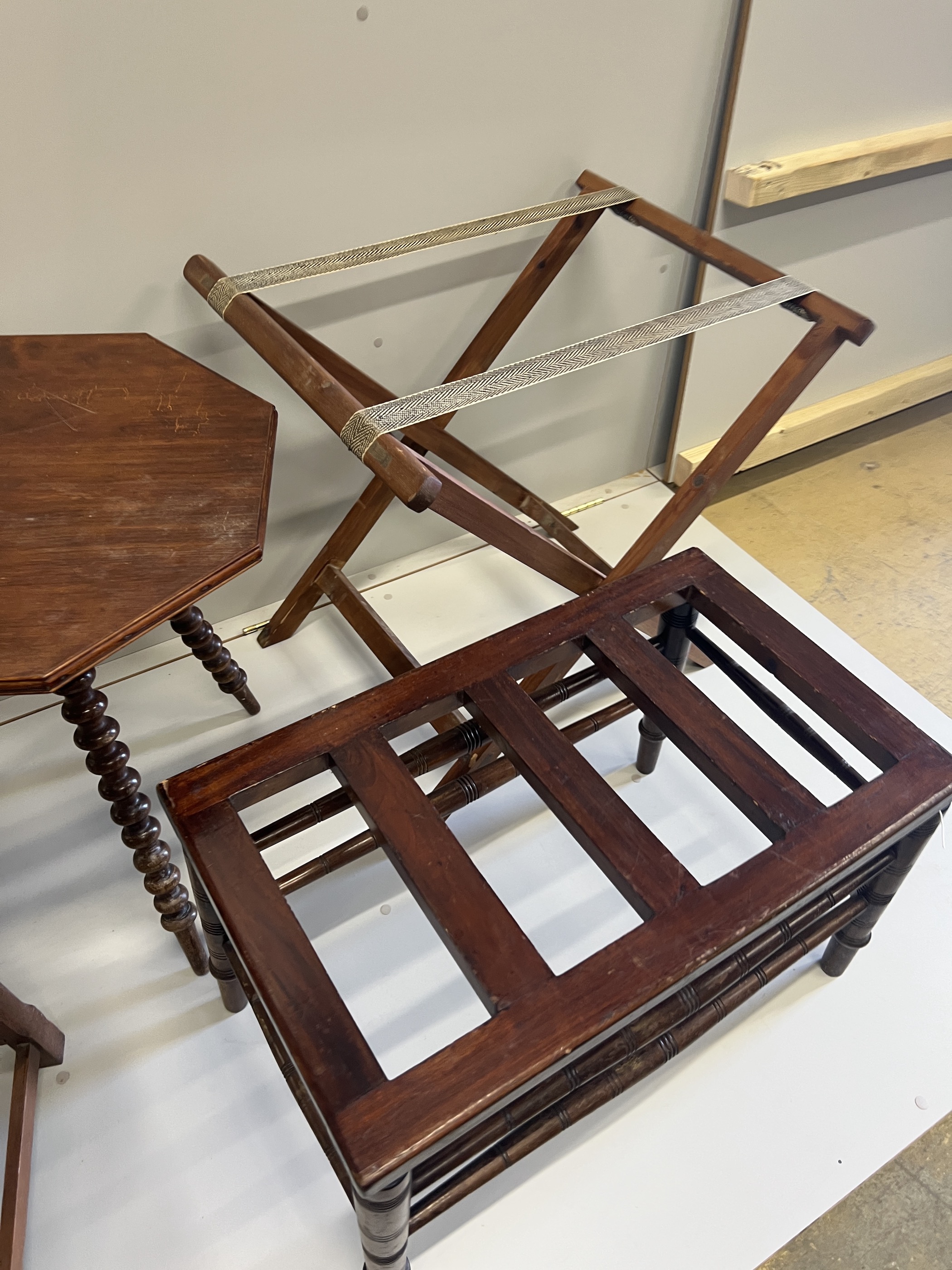 A late Victorian mahogany luggage rack, an octagonal occasional table, a circular oak table, - Image 5 of 6
