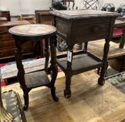 A 17th century style oak two tier occasional table together with a circular occasional table, larger