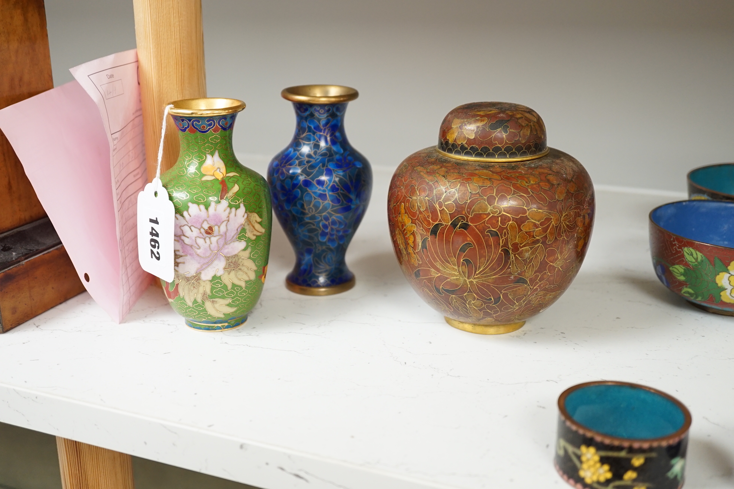 A collection of Chinese and Japanese cloisonné enamel pieces, including five vases, a ginger jar and - Image 4 of 5