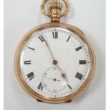 A George V 9ct gold open face keyless pocket watch, case diameter 48mm, gross weight 87.4 grams.***