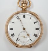 A George V 9ct gold open face keyless pocket watch, case diameter 48mm, gross weight 87.4 grams.***
