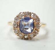 An 18ct, sapphire and diamond set cluster ring, size M, gross weight 3 grams.***CONDITION REPORT***