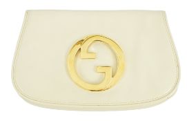 A vintage Gucci Blondie Unicorn ivory cream leather clutch bag, Gold Gucci front logo, weighted