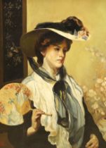 After Walter Ernest Webster (1878-1959), oil on board, Portrait of a lady holding a Japanese fan, 38