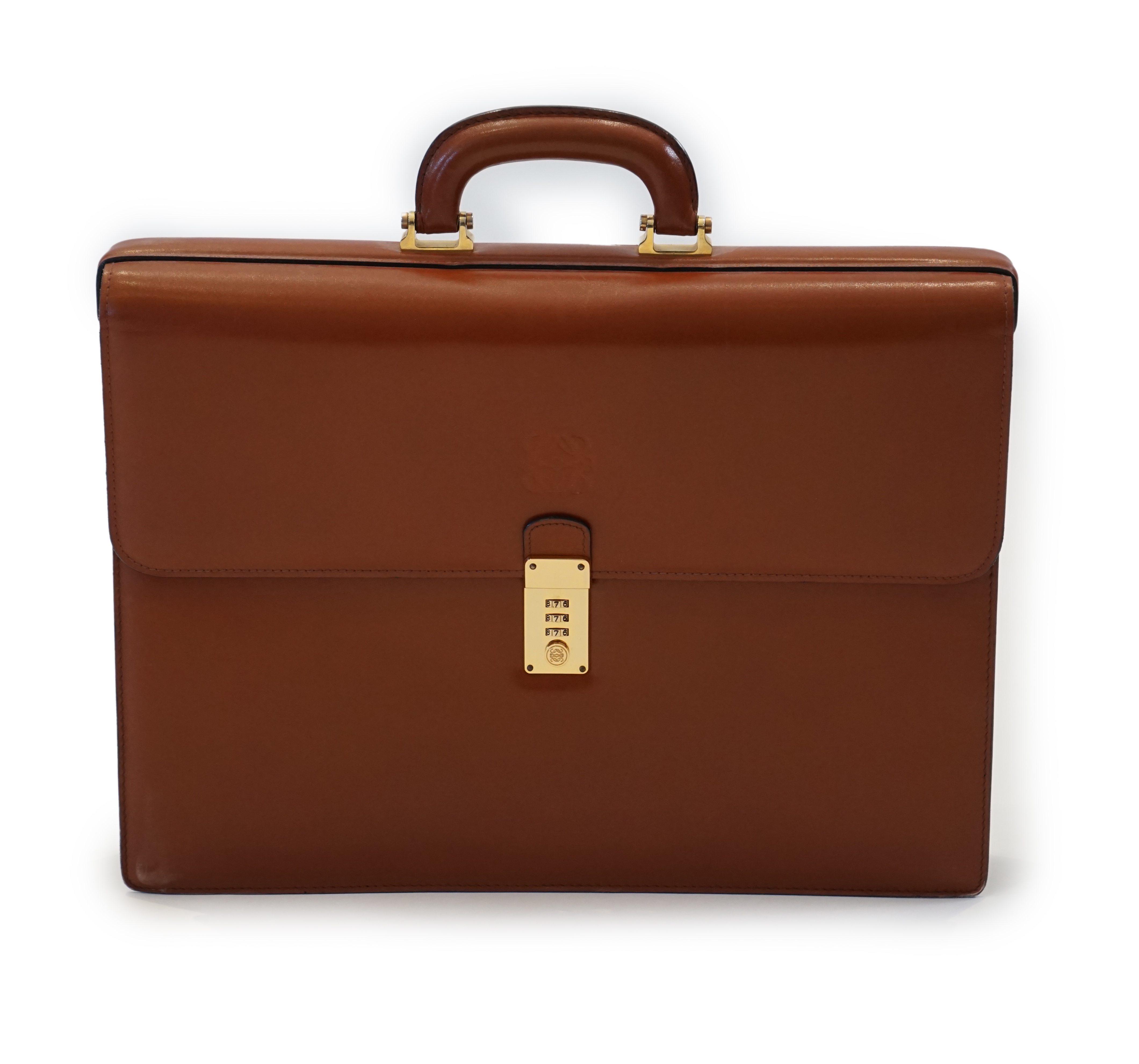 A gentlemen's Loewe brown tan leather briefcase with gold plated metalware, five division interior - Image 7 of 12