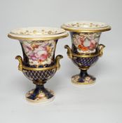 A pair of early 19th century English porcelain vases, scale blue ground, 19cm***CONDITION REPORT***