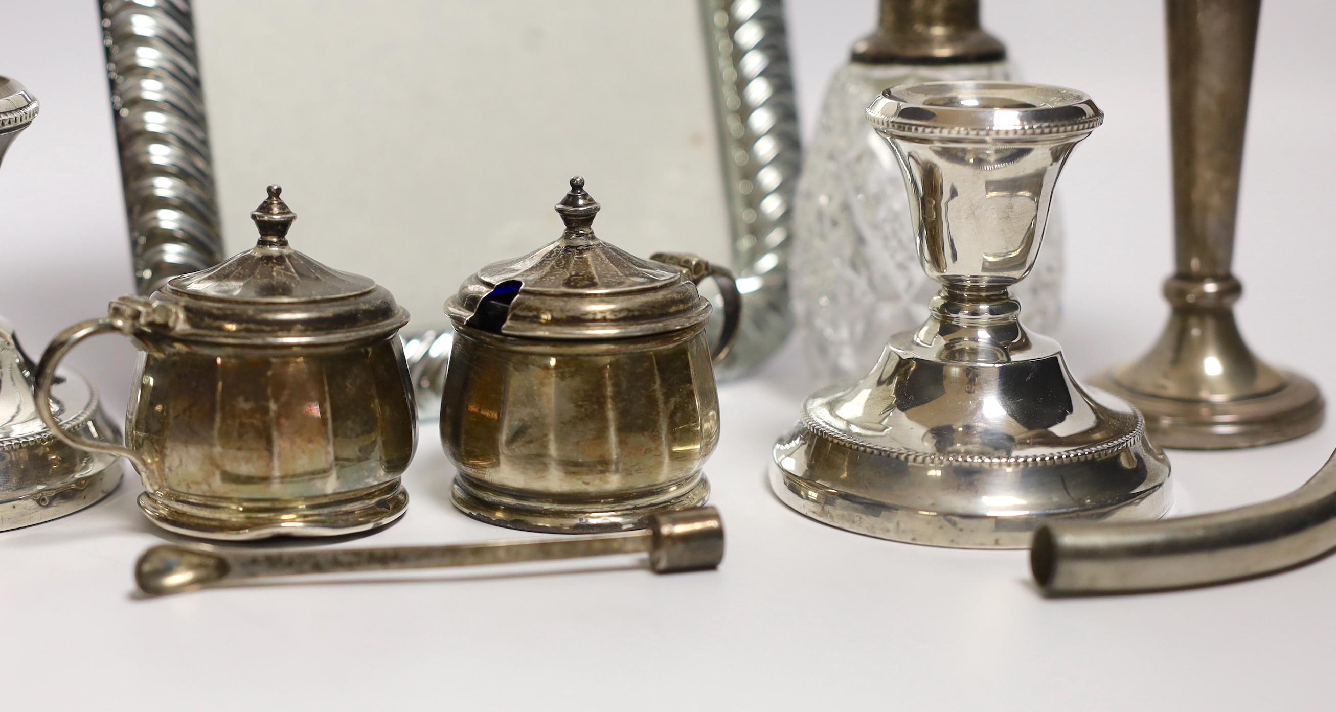 Sundry small silver including a pair of dwarf candlesticks, condiments, napkin ring, spill vases and - Image 2 of 4