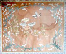 A Chinese silk panel embroidered with flowers and butterflies, framed, 43cm x 38cm***CONDITION