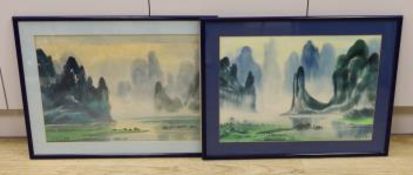 A pair of modern Chinese watercolours, Mountainous river landscapes with junks, signed and dated, 52