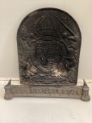A Victorian cast iron Royal Coat of Arms fireback, width 54cm, height 68cm together with a small